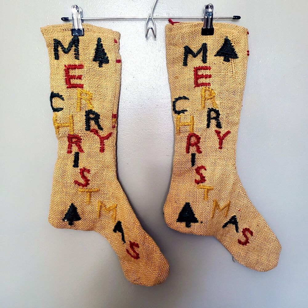 Lot Of 2 Burlap Merry Christmas Stockings 18" Colorful Stitched Print Holiday